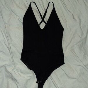 Forever 21 Black Ribbed Crossed Strap Bodysuit Size S